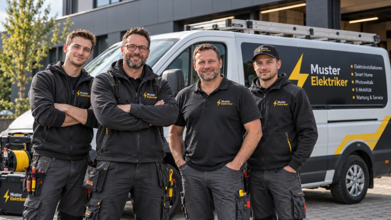 Vier Elektriker in Arbeitskleidung stehen am Firmentransporter