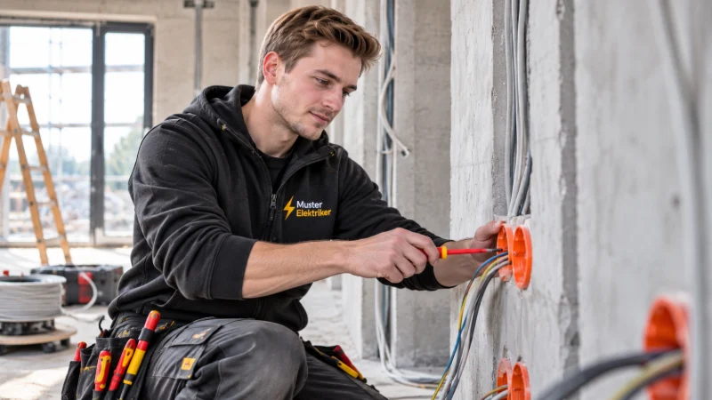 Elektriker verlegt Leitungen im Rohbau eines Einfamilienhauses