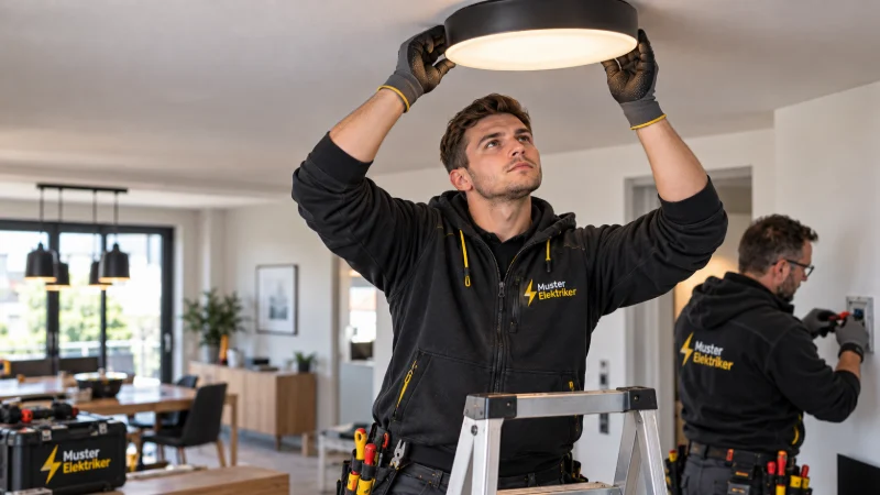 Elektriker auf einer Leiter montiert eine Deckenleuchte