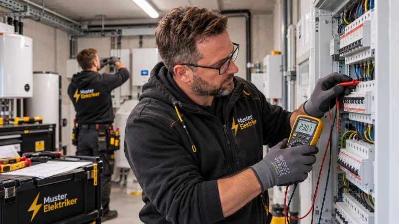 Elektriker misst mit einem Prüfgerät an einem Verteiler im Technikraum