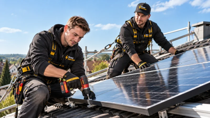 Zwei Monteure befestigen Solarmodule auf einem Hausdach