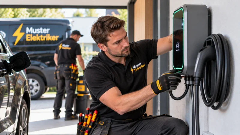 Neue Wallbox an der Hauswand mit ladendem Elektroauto