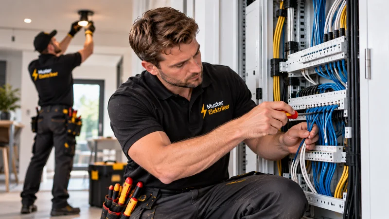 Elektriker arbeitet an einem ordentlich verkabelten Netzwerkschrank