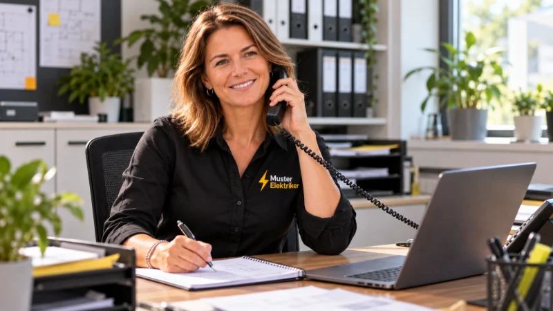Sandra sitzt im Büro am Schreibtisch und telefoniert