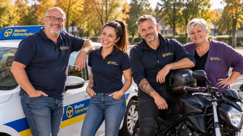 Das Team der Fahrschule steht vor dem Fahrschulauto und dem Motorrad
