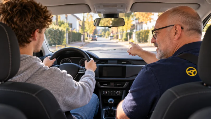 Fahrschüler am Steuer während einer Fahrstunde, Fahrlehrer Andreas erklärt vom Beifahrersitz aus
