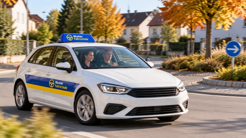 Das blau-gelbe Fahrschulauto fährt bei Herbstsonne durch einen Kreisverkehr