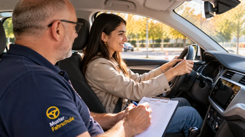 Blick vom Beifahrersitz: Eine Fahrschülerin fährt konzentriert, der Fahrlehrer erklärt