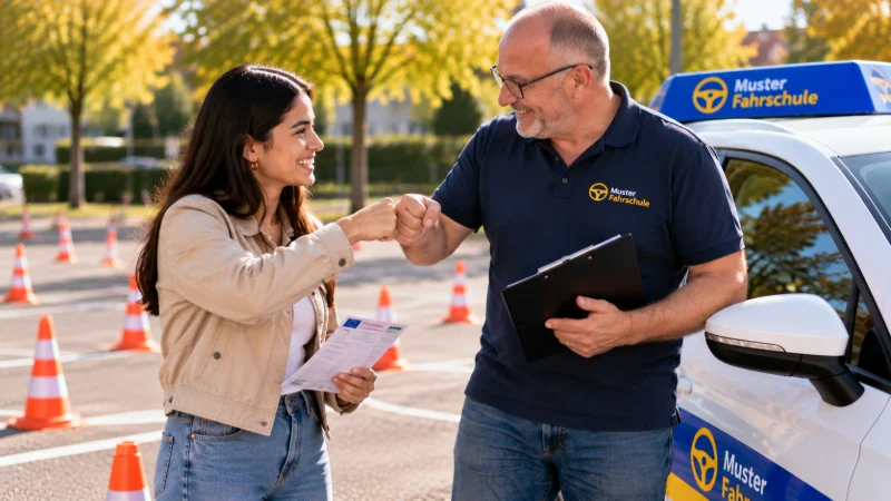 Fahrschüler und Fahrlehrer geben sich nach der bestandenen Prüfung einen Faustgruß