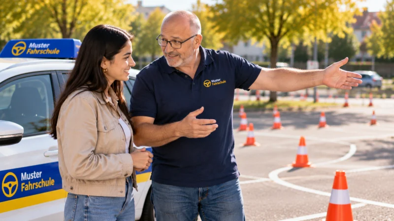 Fahrlehrer Andreas zeigt einer Fahrschülerin auf dem Übungsplatz die Richtung