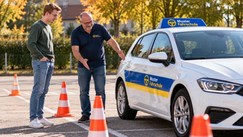 Fahrlehrer und Fahrschüler stehen auf dem Übungsplatz an den Pylonen neben dem Fahrschulauto