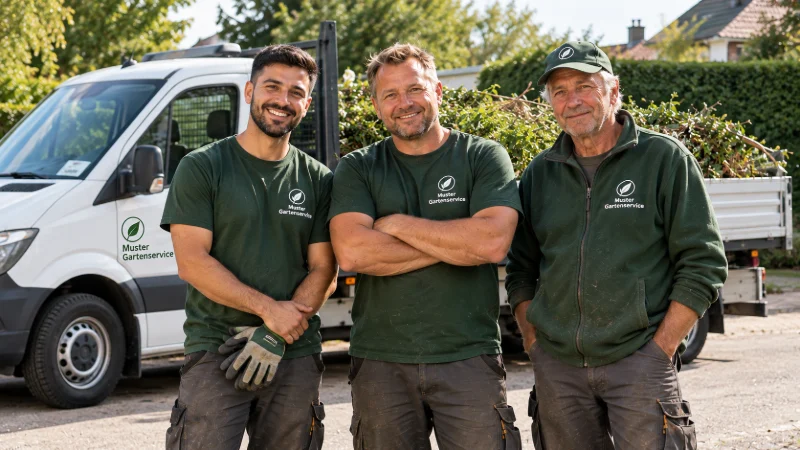 Thomas, Emre und Rolf stehen gemeinsam vor dem Transporter mit Grünschnitt