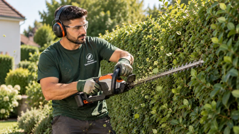 Emre schneidet mit der Akku-Heckenschere eine hohe Hecke, mit Schutzbrille und Gehörschutz