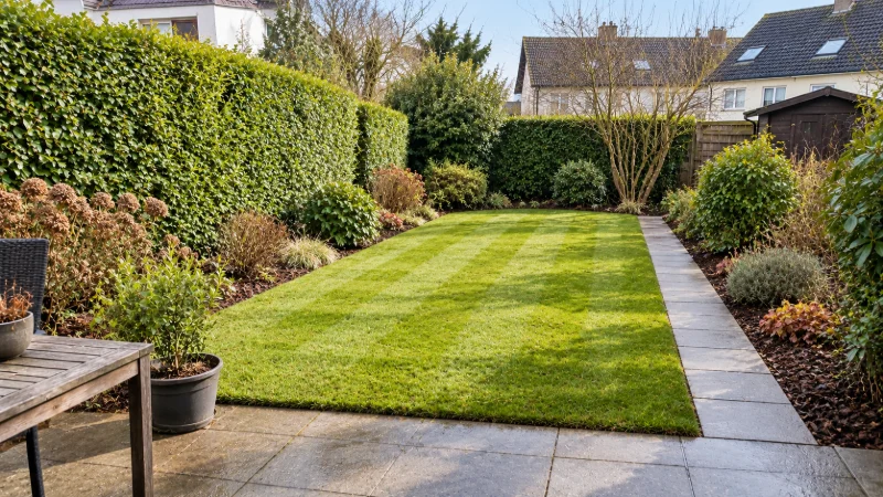 Gepflegter Garten mit frisch gemähtem, gestreiftem Rasen