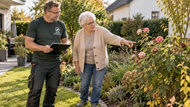 Thomas bespricht mit einer älteren Kundin die Pflege ihres Rosenbeets