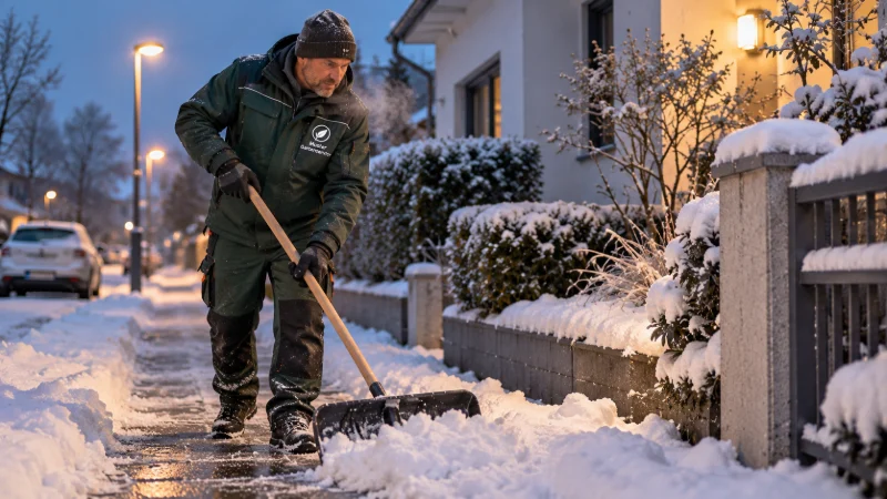 Ein Mitarbeiter räumt in der Morgendämmerung einen verschneiten Gehweg