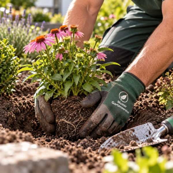 Hände in Arbeitshandschuhen setzen einen blühenden Sonnenhut ins Beet