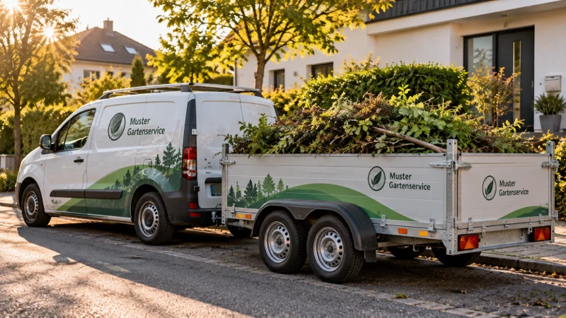 Der Firmenwagen mit Anhänger voller Grünschnitt parkt vor einem Einfamilienhaus