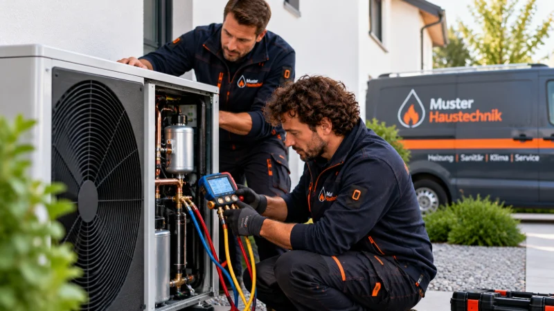 Ein Monteur prüft mit einem Manometer eine Wärmepumpe