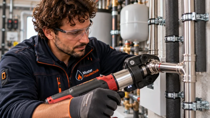 Nahaufnahme: Ein Monteur mit Schutzbrille verpresst ein Rohr