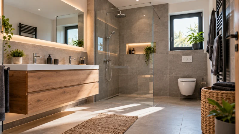 Ein fertig saniertes, helles Bad mit bodengleicher Dusche