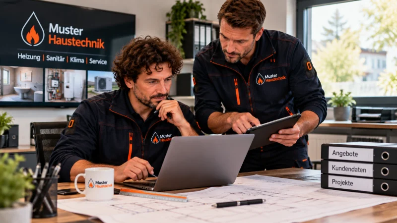 Ein Mitarbeiter plant im Büro ein Projekt am Laptop