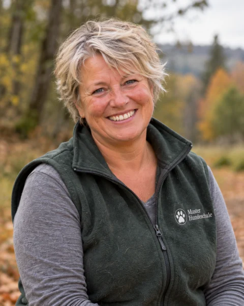 Porträt von Gabi in grüner Jacke mit Logo der Hundeschule