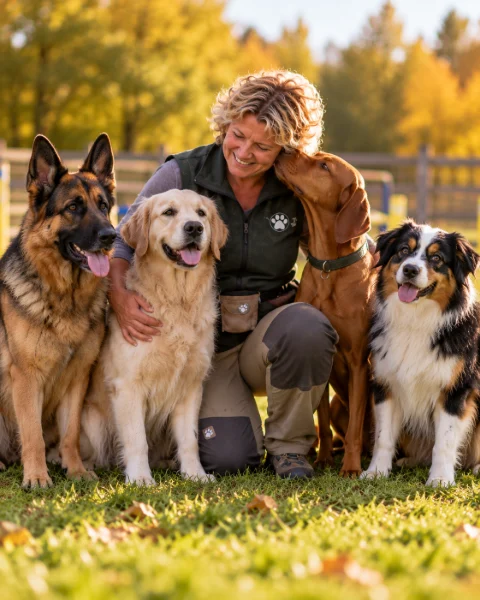 Gabi mit vier Hunden auf der Wiese