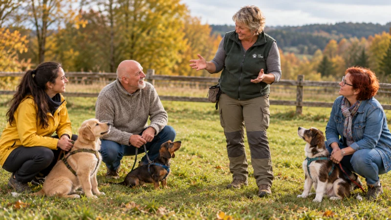Welpenkurs mit drei Haltern und ihren Welpen auf der Wiese