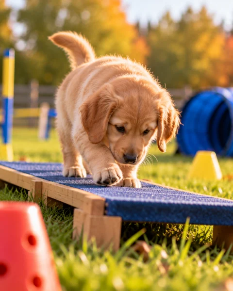 Golden-Retriever-Welpe auf einem Balancierbrett