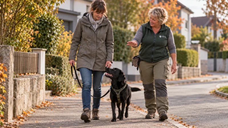 Eine Kundin geht mit ihrem Labrador an lockerer Leine, Gabi gibt ein Handzeichen
