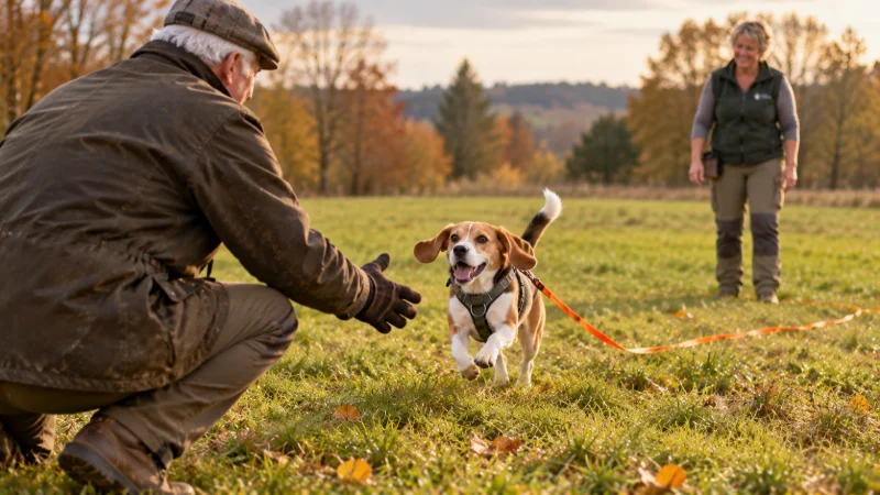 Ein Beagle läuft beim Rückruf-Training mit Schleppleine auf seinen Menschen zu