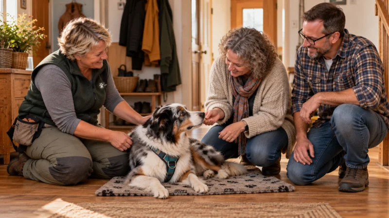 Hausbesuch: Eine Halterin belohnt ihren Hund im Wohnzimmer