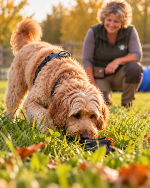 Ein Doodle sucht mit der Nase einen Futterbeutel im Gras