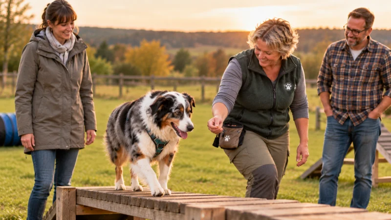Ein Australian Shepherd steht auf einem Holzsteg, sein Paar schaut stolz zu