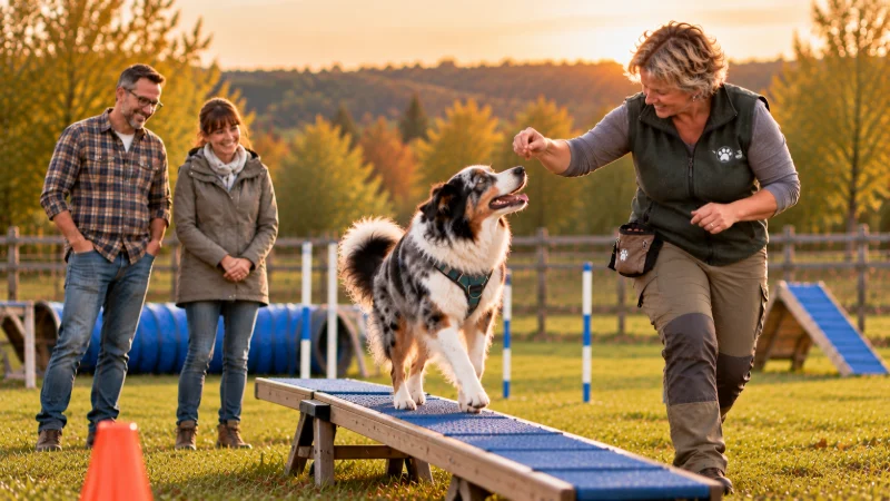 Ein Australian Shepherd balanciert über einen blauen Steg, Gabi lockt ihn