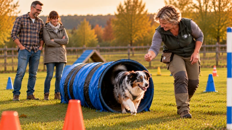 Milo kommt fröhlich aus dem Agility-Tunnel gelaufen