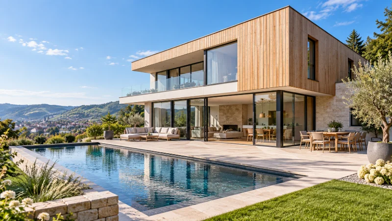 Die Villa am Weinberg bei Tag: Holzfassade, große Glasfronten und Pool unter blauem Himmel