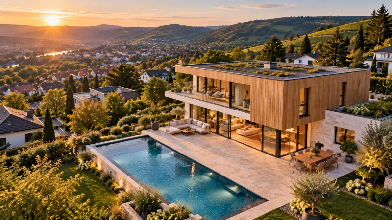 Luftbild einer modernen Villa mit Pool in Hanglage, dahinter Weinberge und ein Tal im Sonnenuntergang
