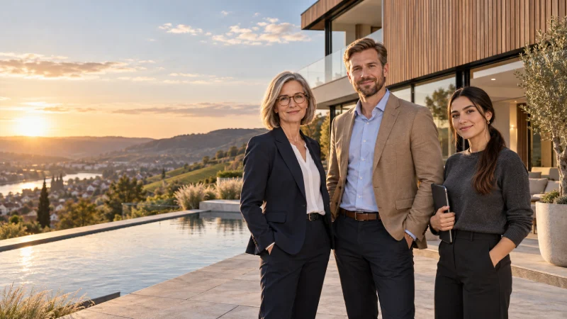 Das Team von Muster Immobilien – Katharina, Philipp und Selin – auf einer Terrasse über dem Tal