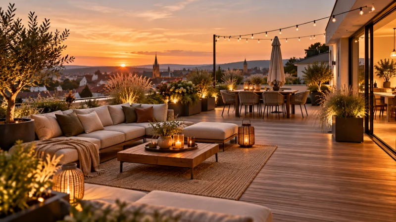 Dachterrasse eines Penthouses mit Lounge-Möbeln und Blick über die Dächer der Stadt im Abendlicht