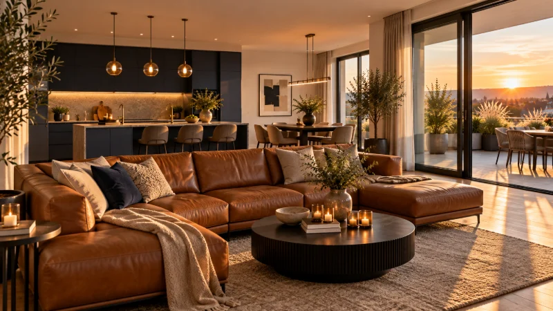 Wohnraum des Penthouses mit Cognac-Ledersofa und Blick auf die Terrasse im Abendlicht