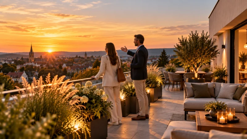 Besichtigung auf einer Penthouse-Dachterrasse zur goldenen Stunde, die Stadt im Hintergrund