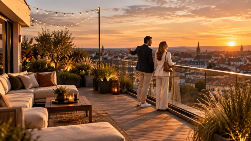 Paar auf einer Dachterrasse mit Glasbrüstung, Blick über die Altstadt im Sonnenuntergang