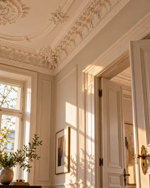 Detail: Stuckdecke und Flügeltür im warmen Licht