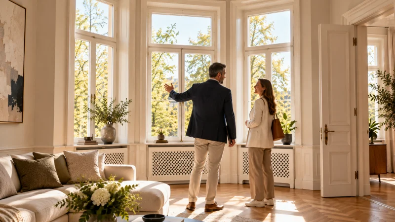 Besichtigung im Salon: Makler und Interessentin im Erker