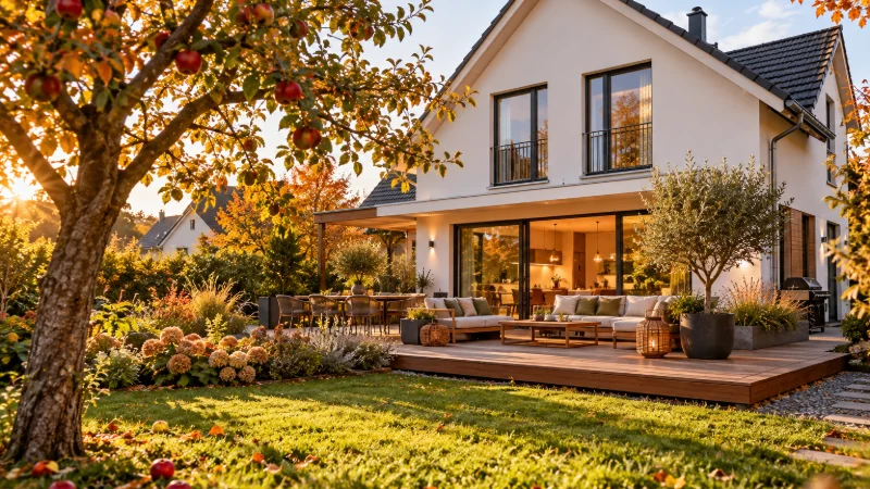 Weißes Einfamilienhaus mit Holzterrasse und Apfelbaum im herbstlichen Garten