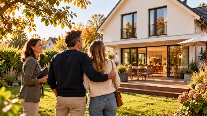 Eine Maklerin zeigt einem Paar im herbstlichen Garten ein weißes Einfamilienhaus