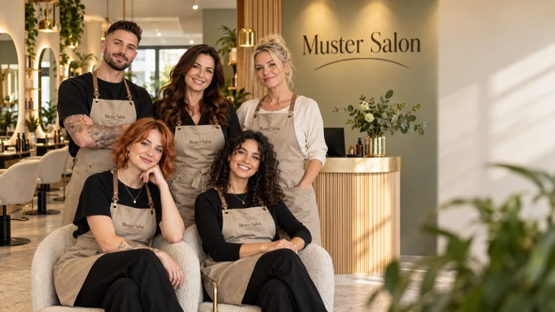 Das Team von Muster Salon vor der Logo-Wand