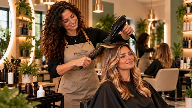 Eine Stylistin föhnt einer Kundin die Haare mit der Rundbürste